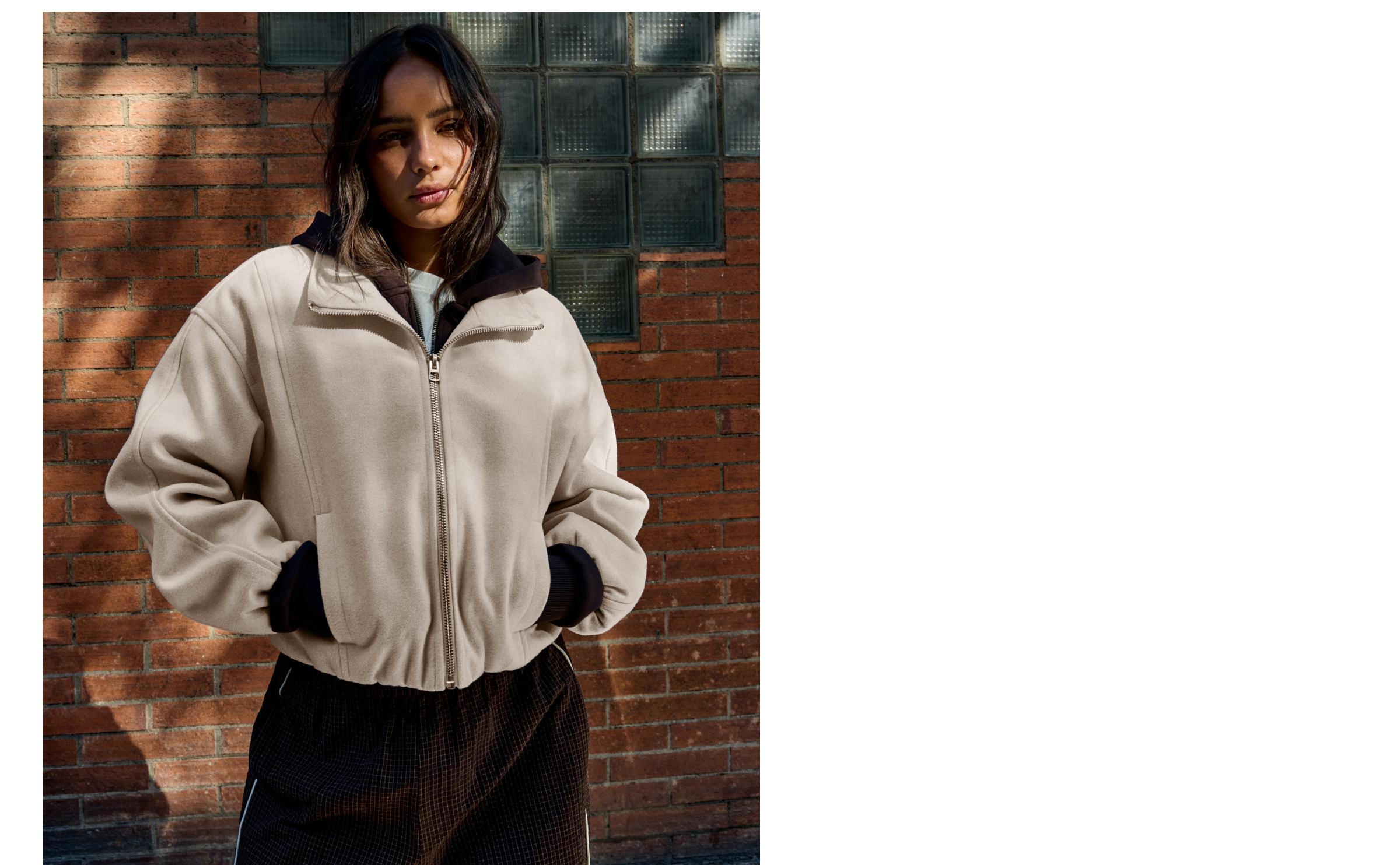 Felt-effect jacket with gathered hem — Cream