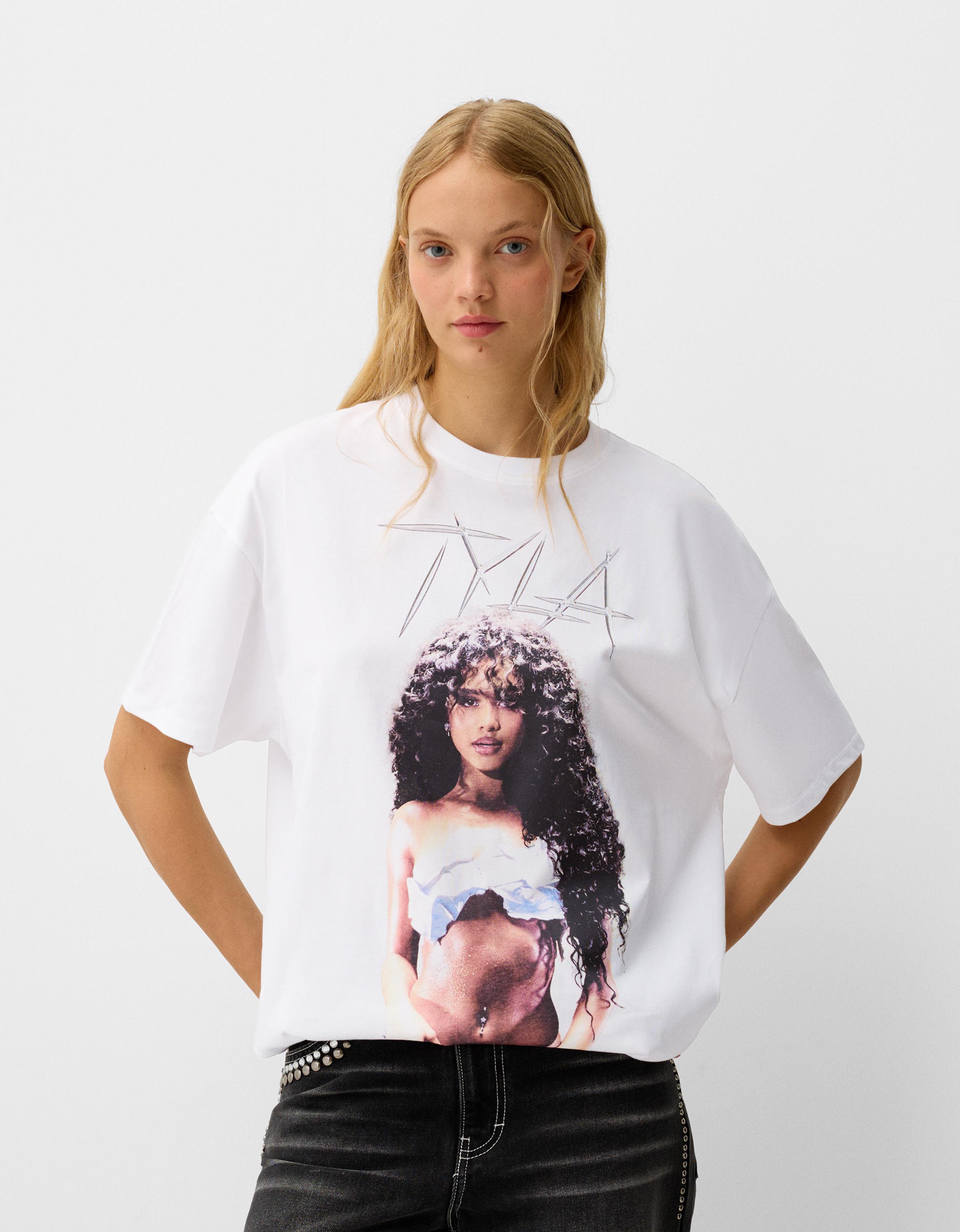 Bershka T-Shirt Tyla Mit Kurzen Ärmeln Und Strass Damen L Weiss