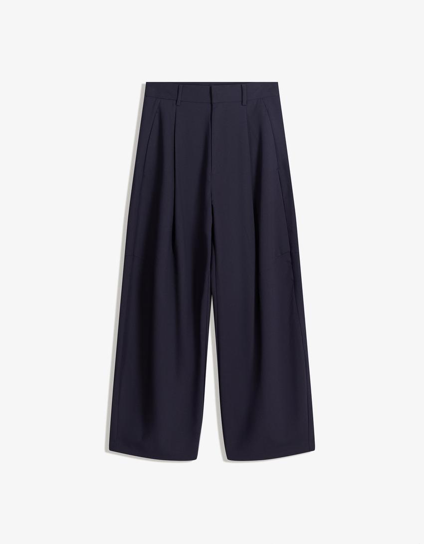 Pantaloni barrel fit con pinces tailored fit-Marino