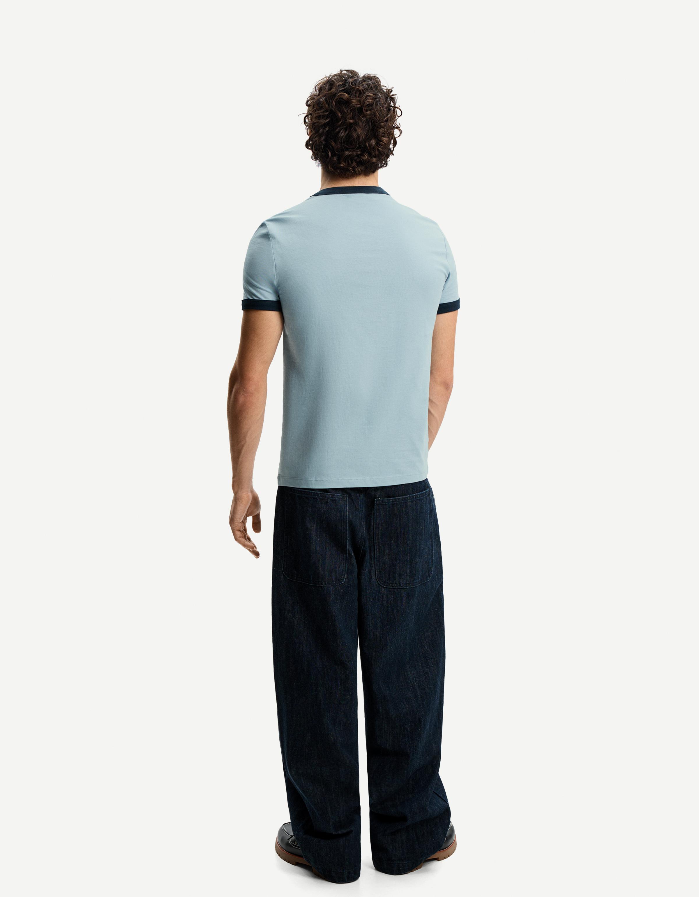 【BERSHKA】Contrasting Ribbed Trims T-Shirts ベルシュカ Short sleeve T-shirt with contrasting ribbed trims - T
