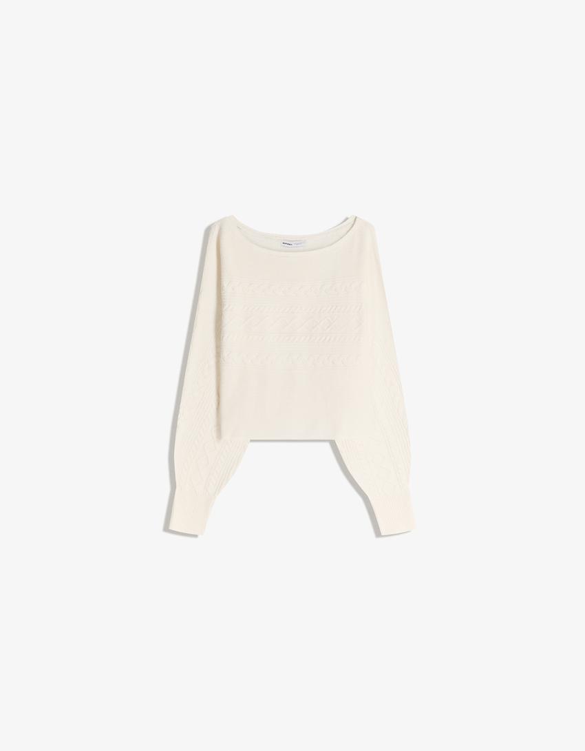 Braided boat neck jumper-Cream