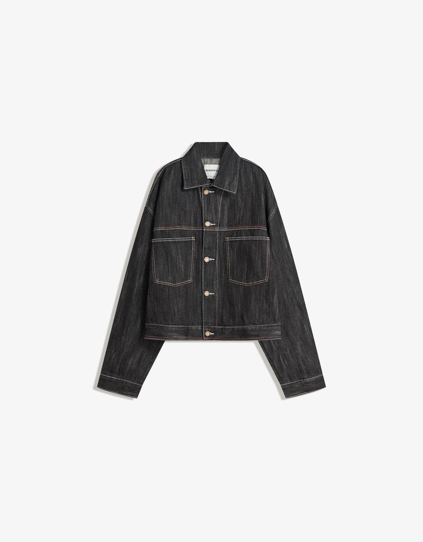 Cazadora denim trucker jacquard-Negro-3