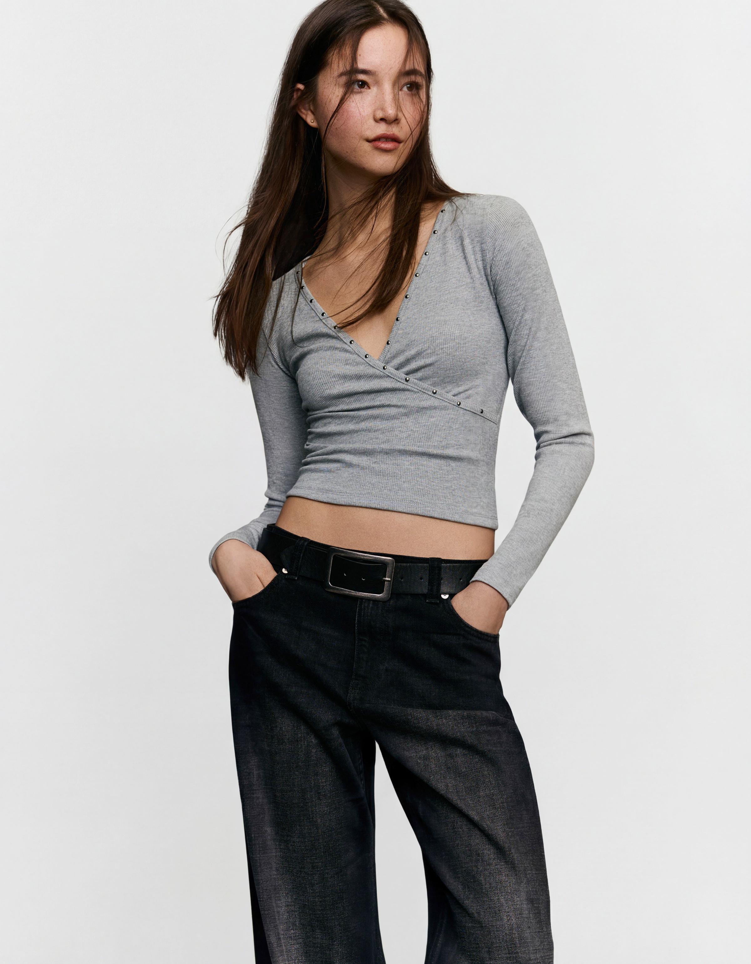 Long-sleeved studded T-shirt — Grey