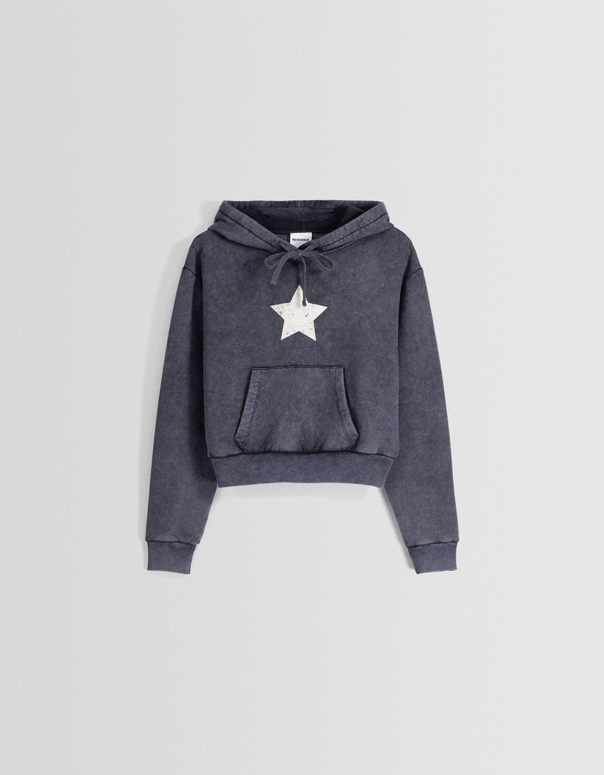 Sweatshirt de capuz com efeito lavado estampado-Cinzento-escuro-4