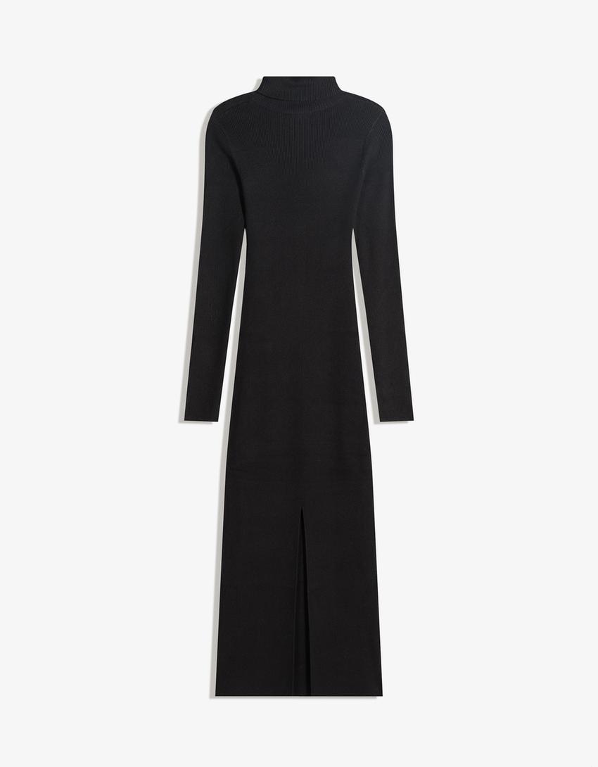 Vestido midi de nervuras com gola alta-Preto