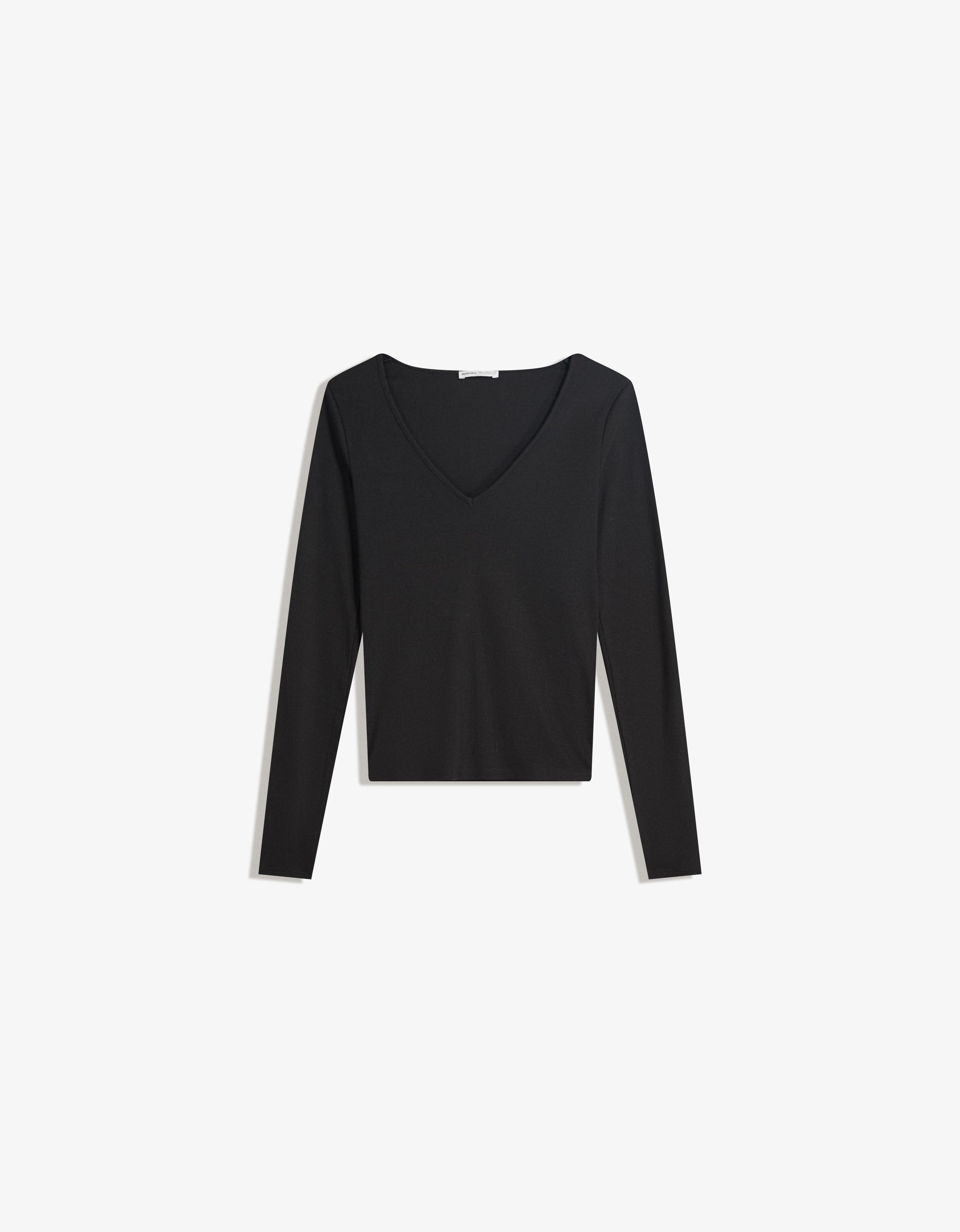 Bershka Camiseta Manga Larga Cuello Pico Mujer L Negro