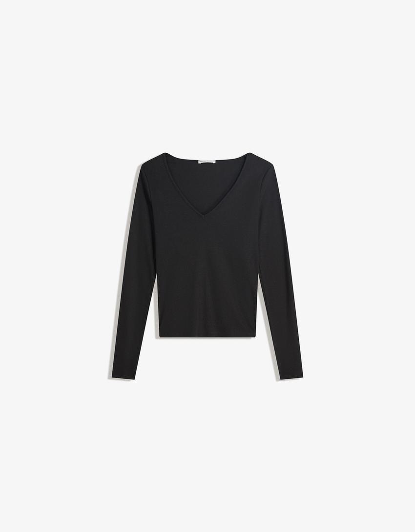 Long sleeve V-neck T-shirt-Black-0
