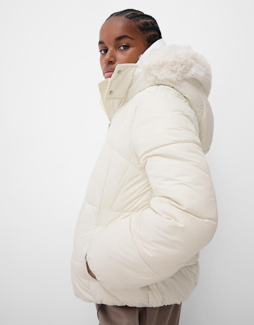 Puffer jacket with faux fur hood-Cream-2