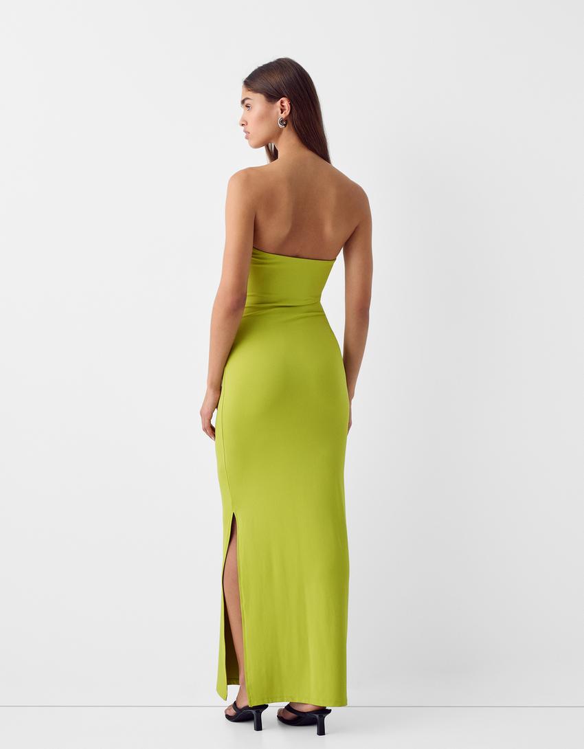 فستان متوسط الطول بدون حمالات-أخضر-2