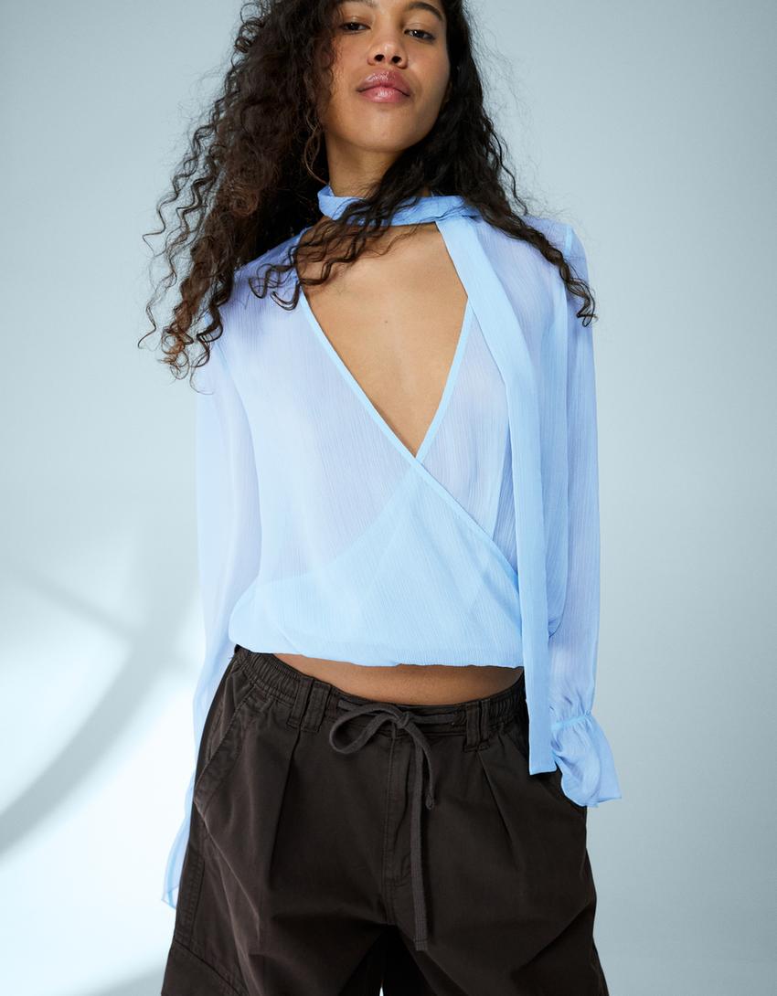 Blusa manga comprida cruzada lenço-Azul claro