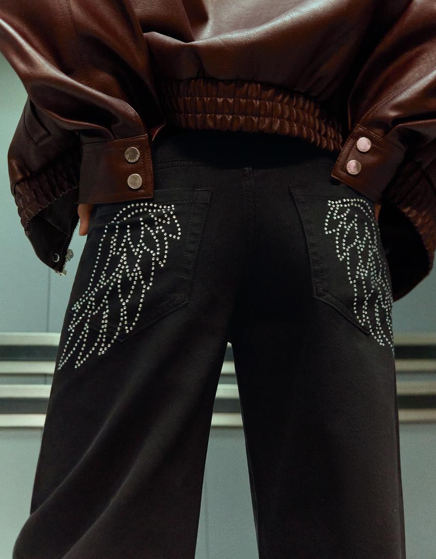Straight-leg low-waist trousers with rhinestones-Black