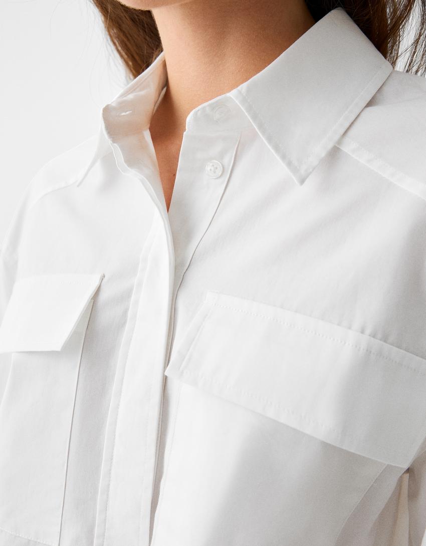 Long sleeve cropped poplin shirt with pocket-White
