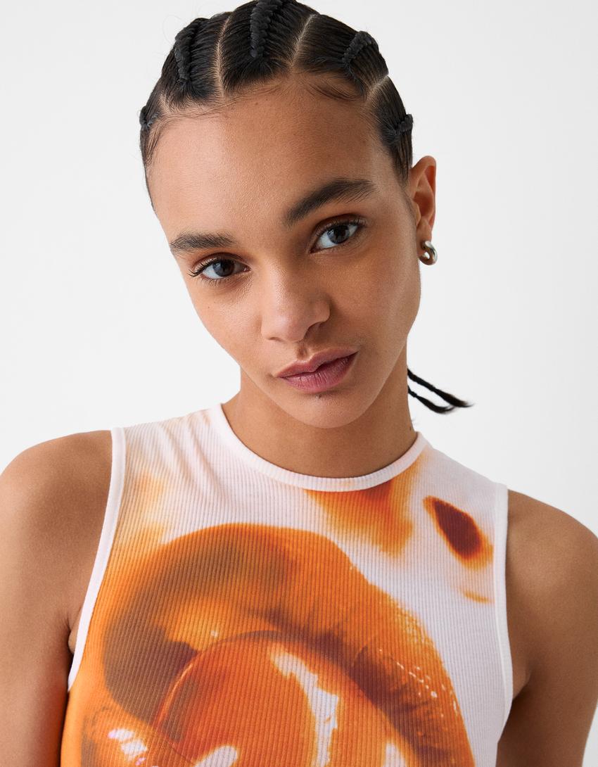 Ribbed printed sleeveless T-shirt-Cream-5