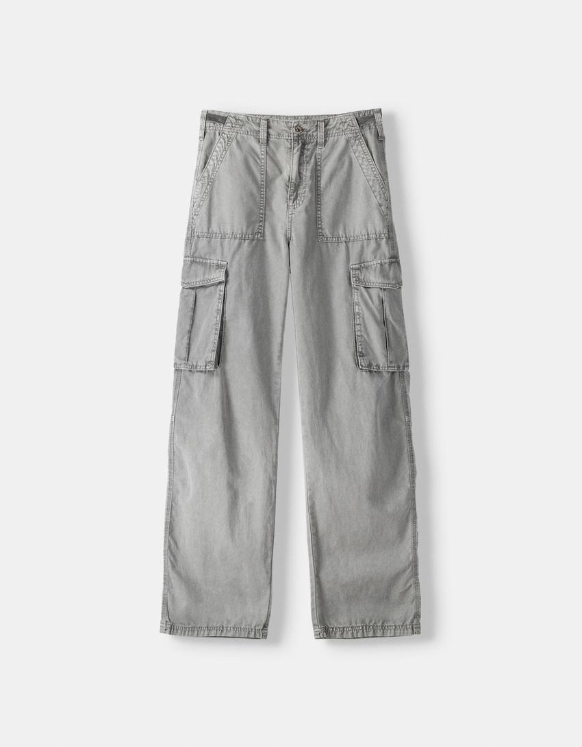 Calças straight cargo ajustáveis-Cinza-4