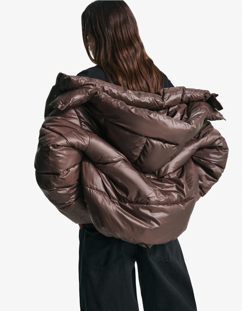 Puffer jacket with hood-Brown-1
