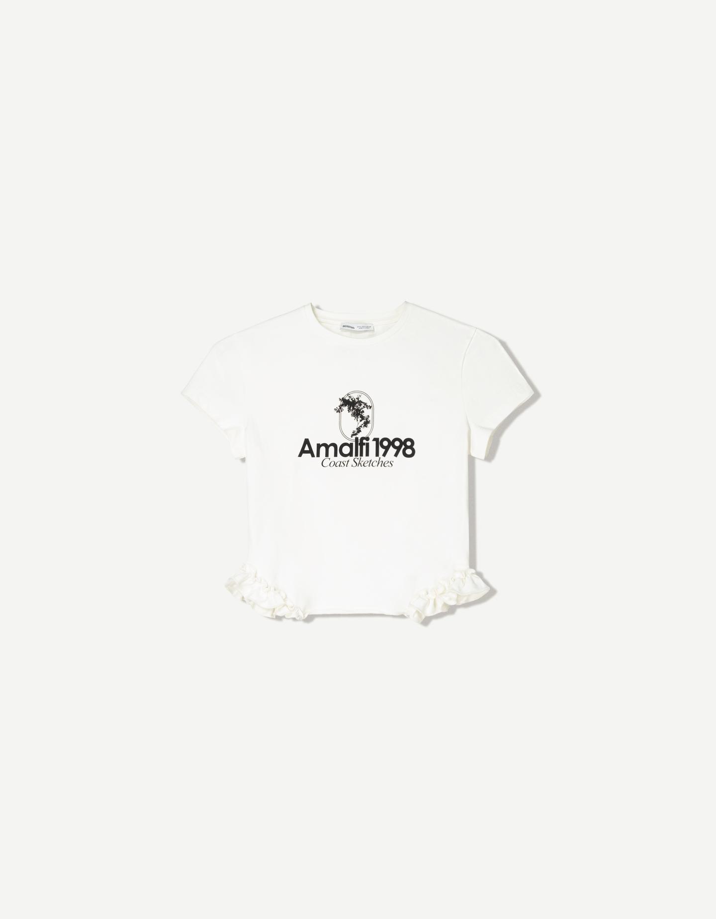 Bershka Camiseta Manga Corta Volantes Print Mujer L Blanco Roto