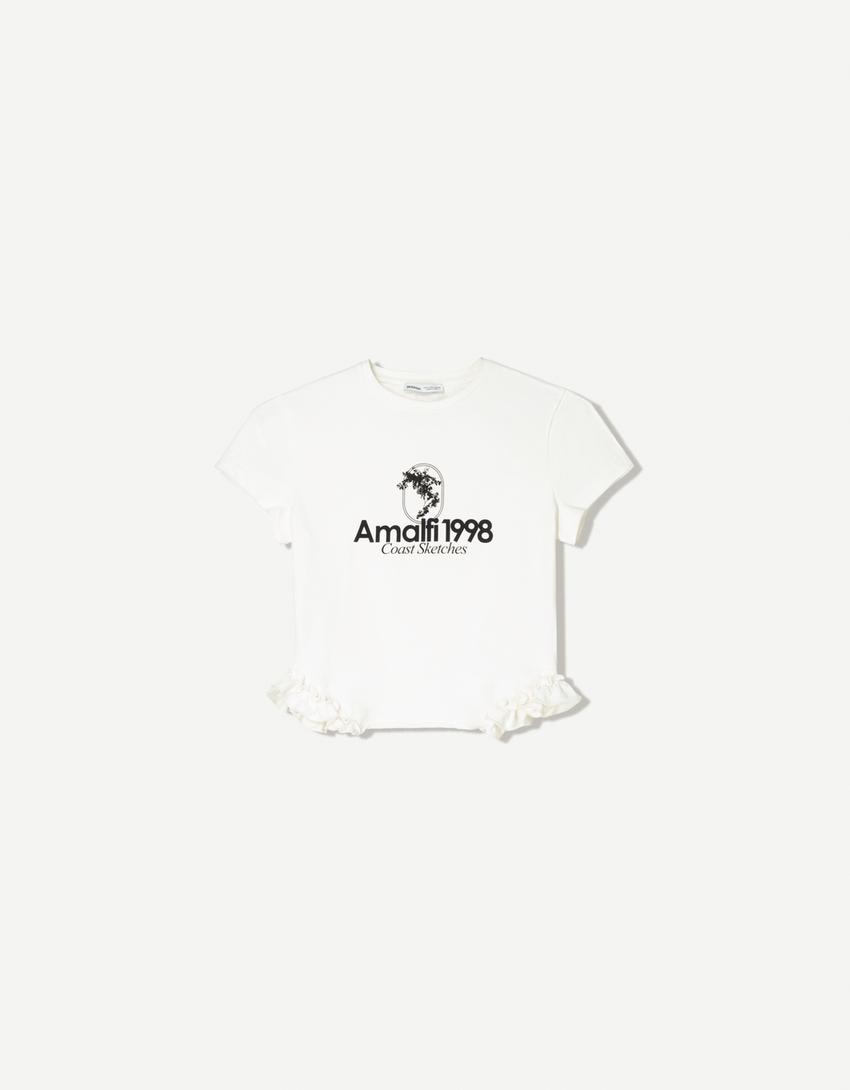 T-Shirt mit kurzen Ärmeln, Volants und Print-Grbrochenes Weiss-3