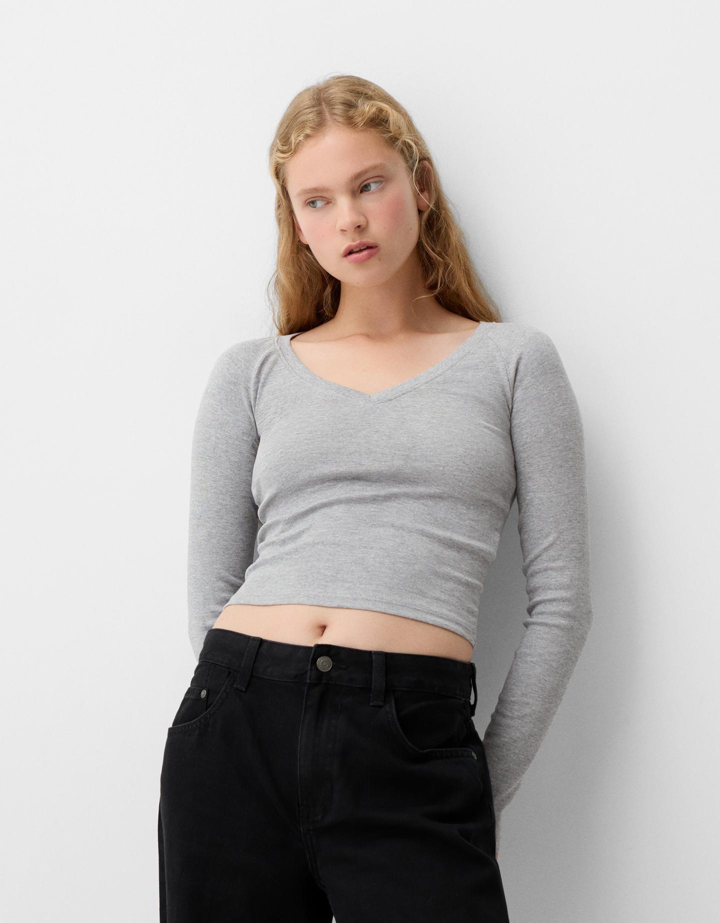 Bershka Camiseta Manga Larga Cuello Pico Mujer L Gris