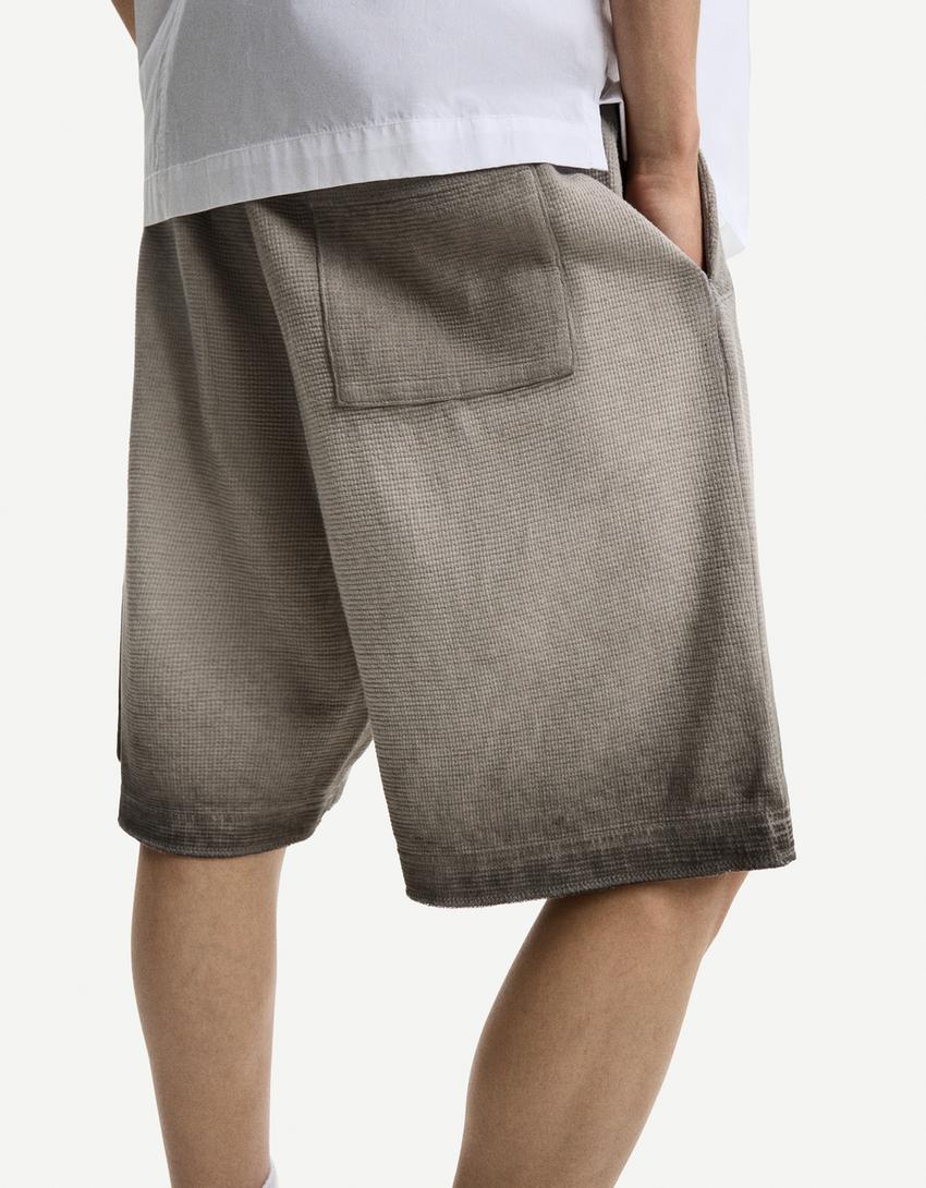 Faded-effect waffle-knit Bermuda shorts-Grey-1