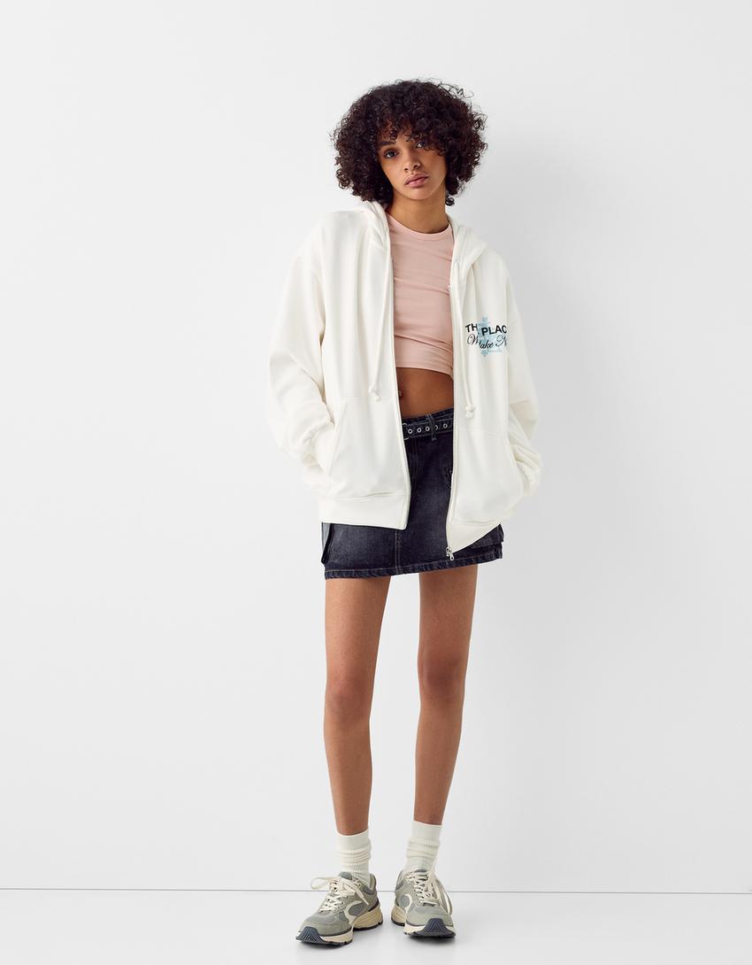 Sweat zippé capuche oversize imprimé-Écru-3