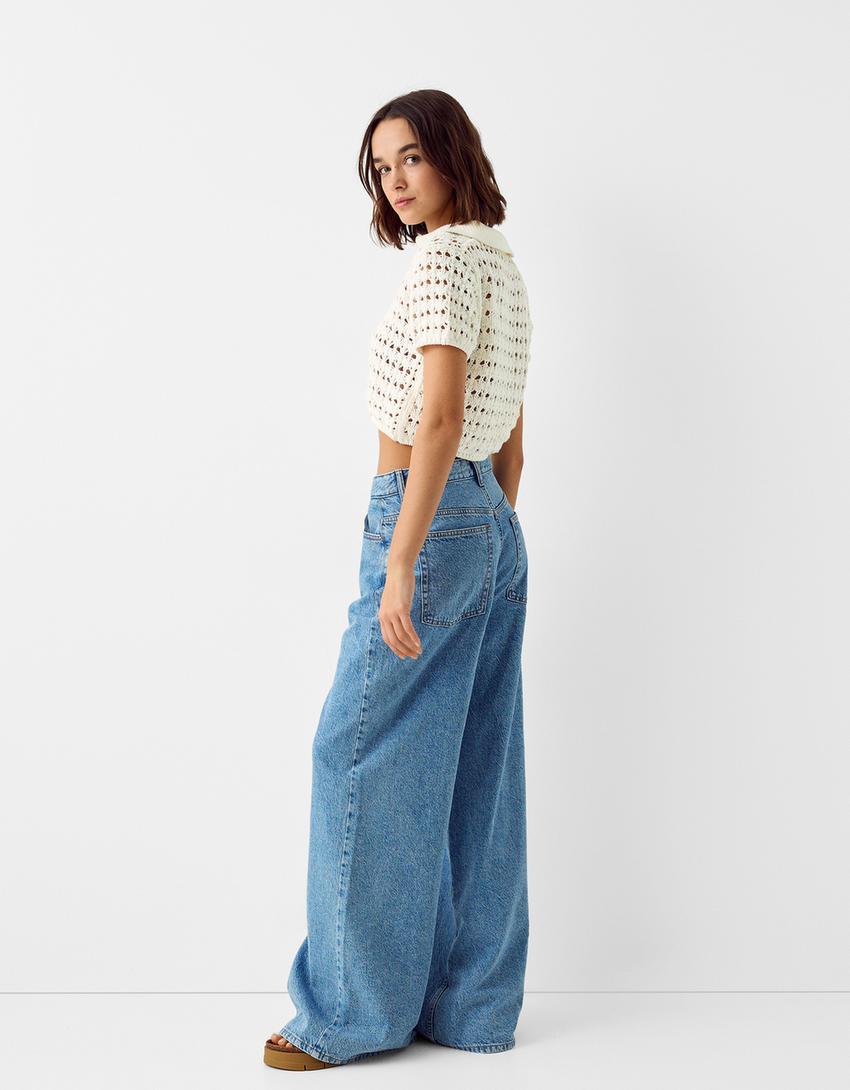 قميص ريفي بغرزة مخرمة وأكمام قصيرة-كريمي-1