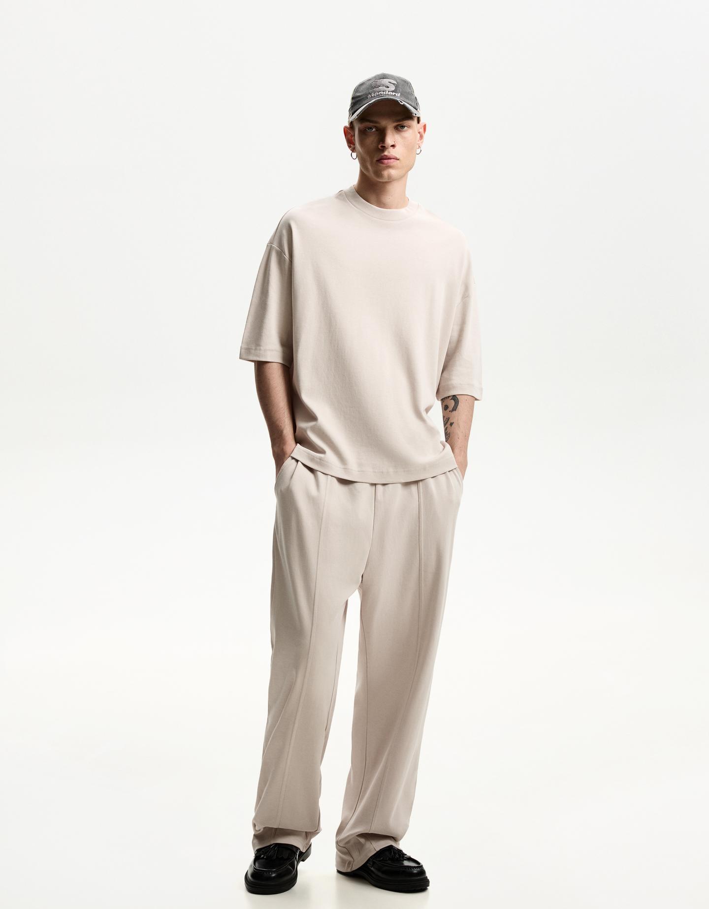 Bershka Pantalón Wide Leg Hombre M Piedra