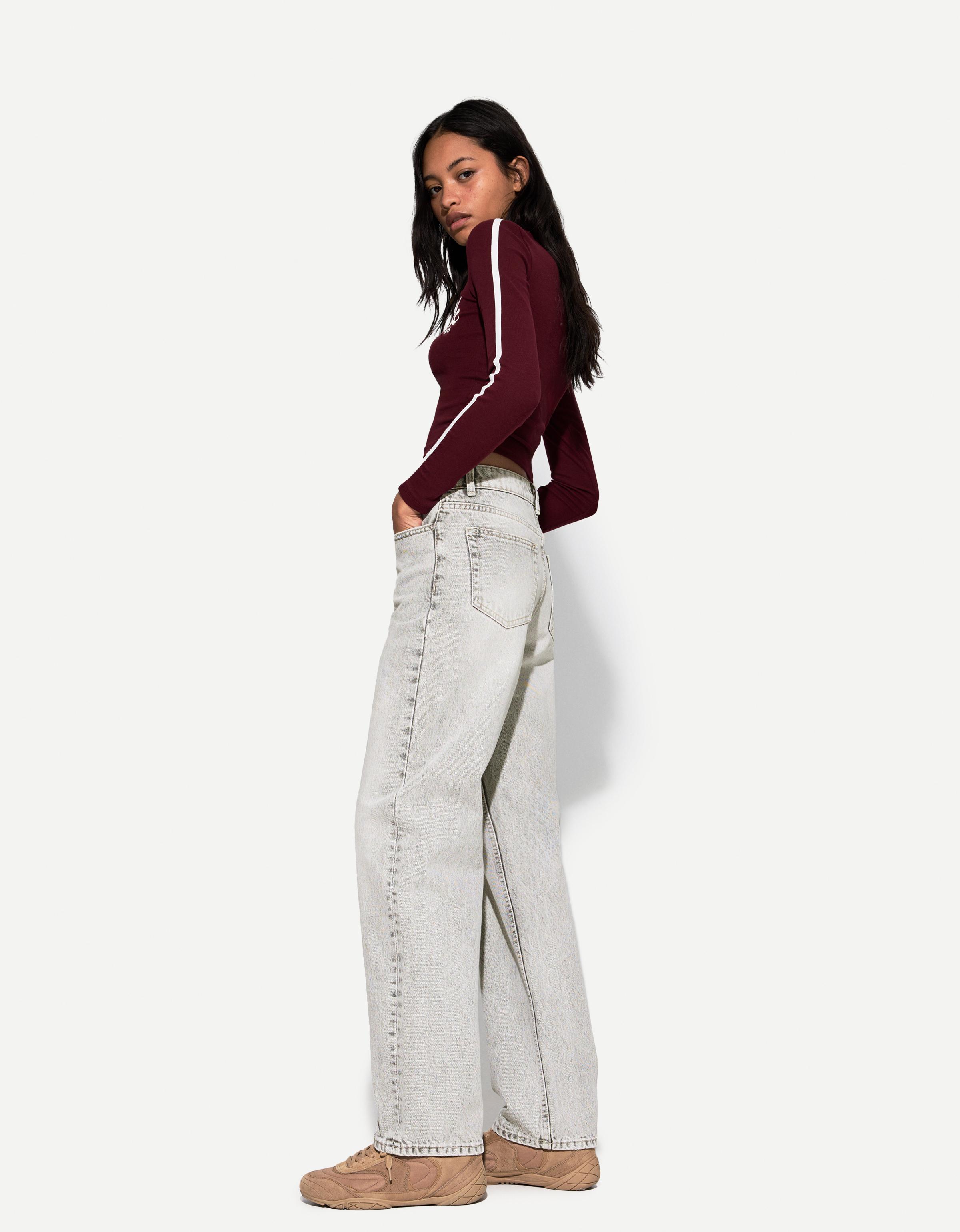 Bershka Wide-Leg-Jeans Im Straight-Fit Damen 32 Grau