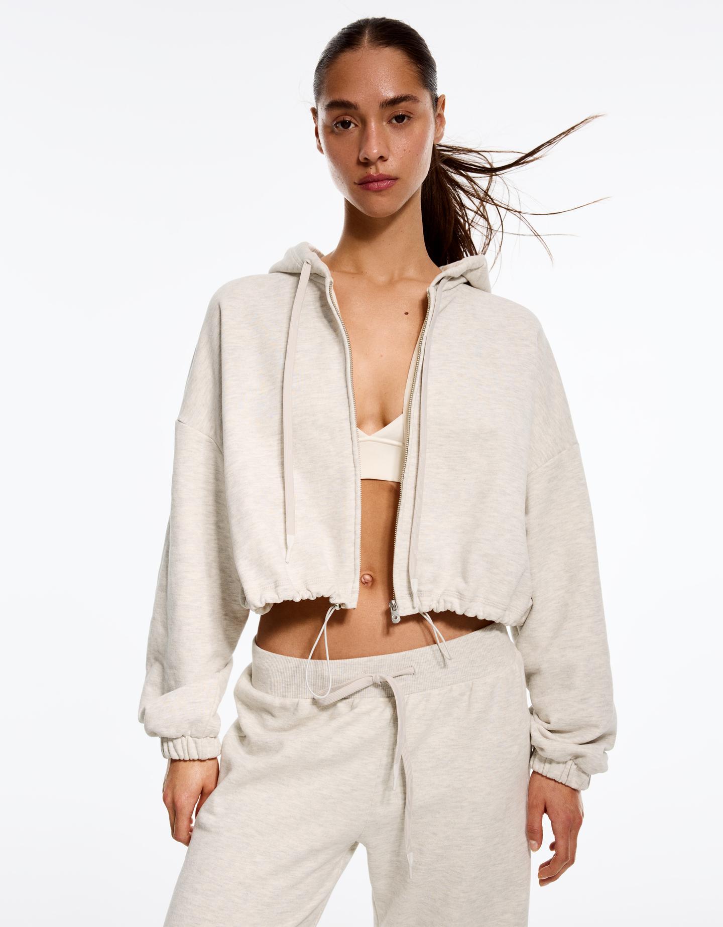 Bershka Sudadera Cremallera Capucha Balloon Mujer Gris