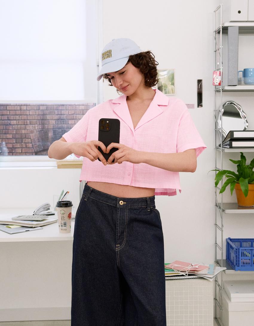 Textured rustic short sleeve shirt-Pink