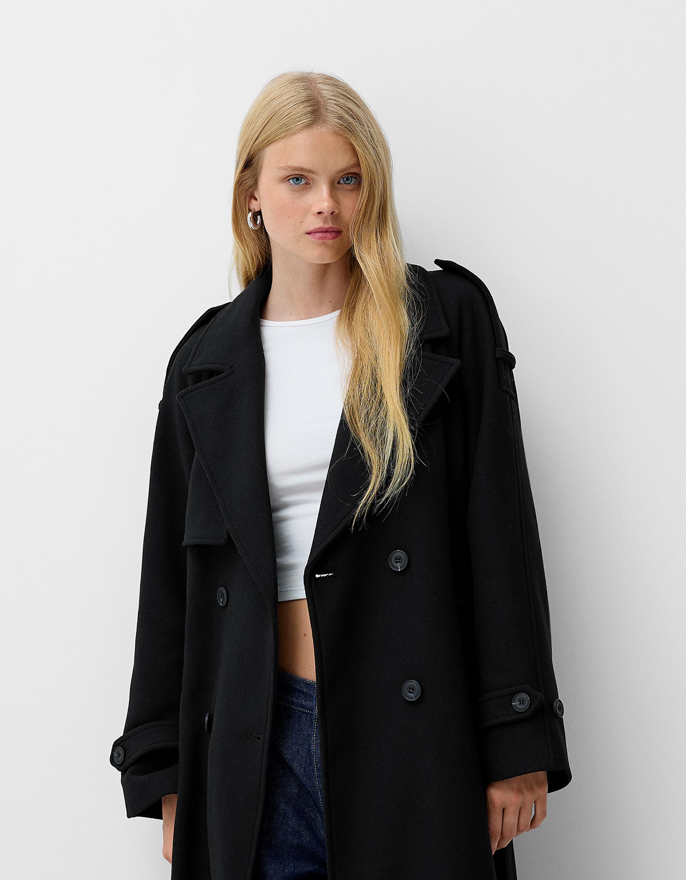 Bershka Oversize-Trenchcoat-Mantel Mit Wolle Damen M Schwarz