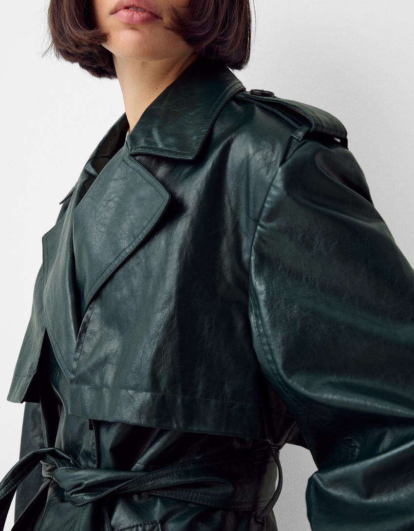 Extra-long leather effect trench coat-Green-5