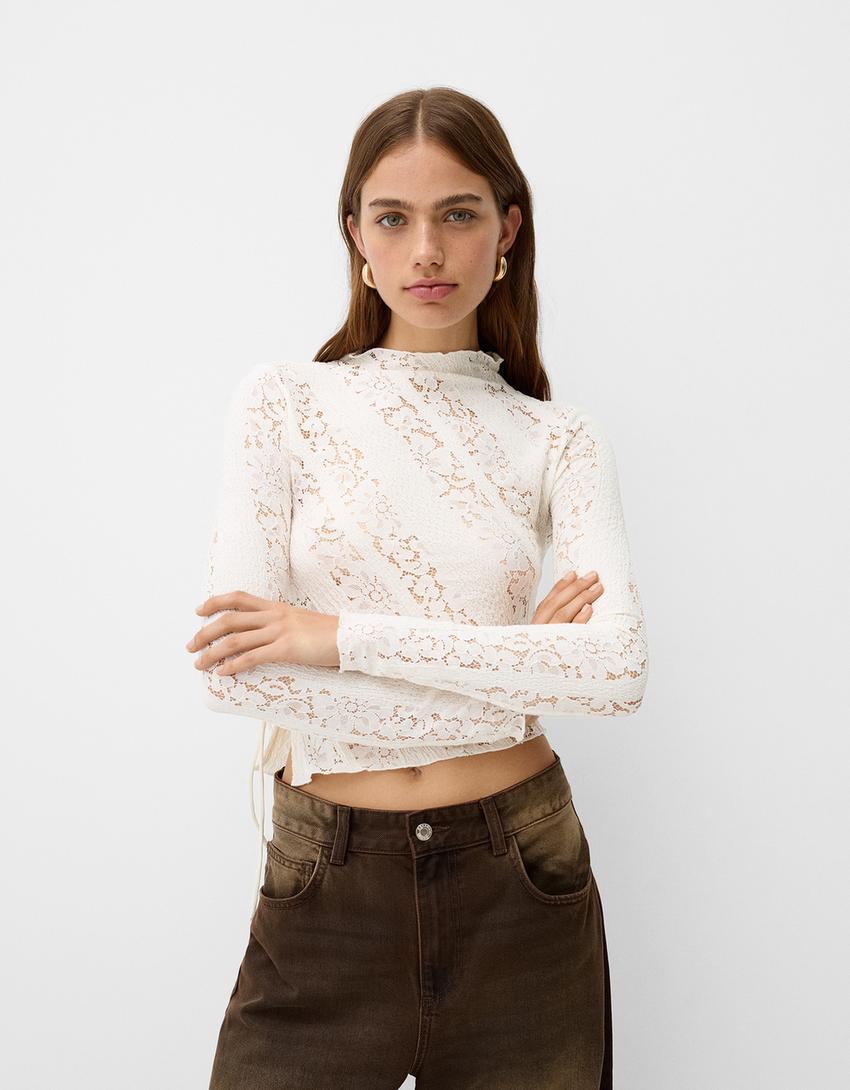 Long sleeve blonde lace top - Women | Bershka