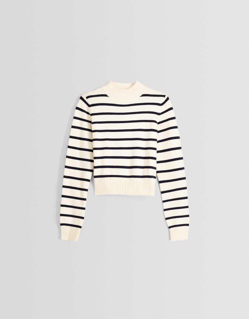 سويتر مخطط برقبة عالية-كريمي-4