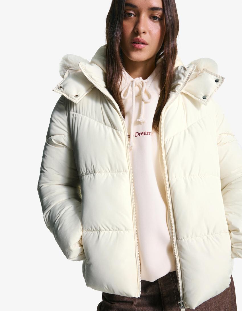 Puffer jacket with faux fur hood-Sand-2