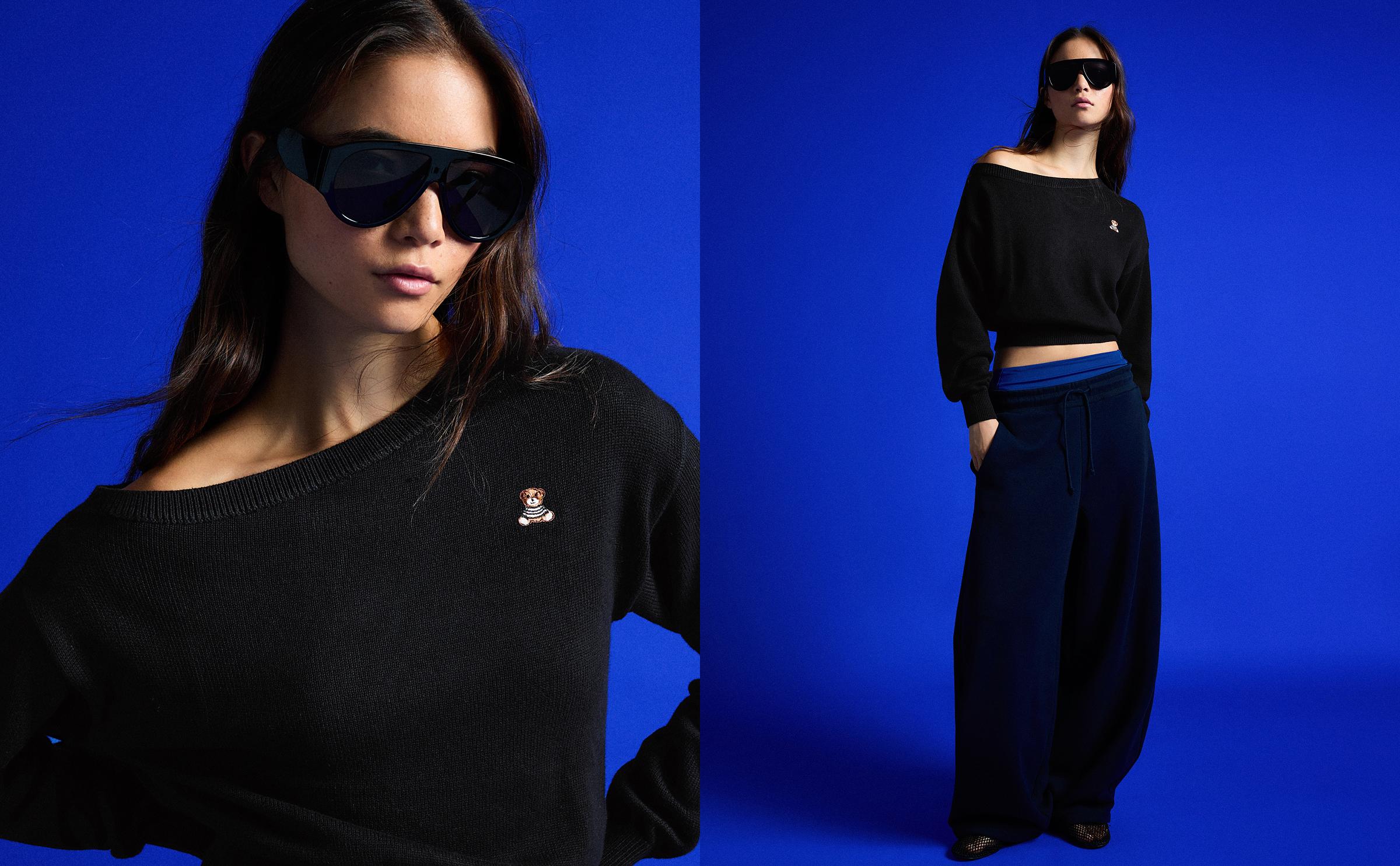 Bear embroidered boat neck jumper — Black