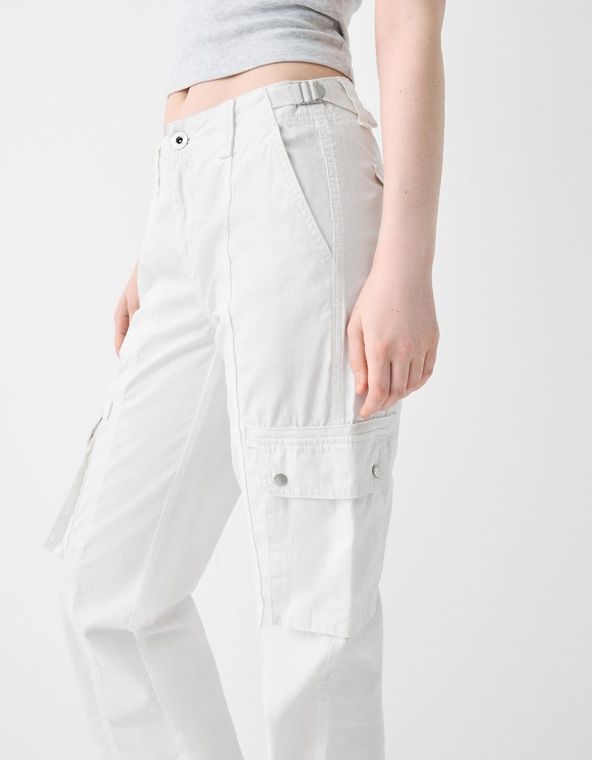Calças straight cargo ajustáveis algodão-Branco-5
