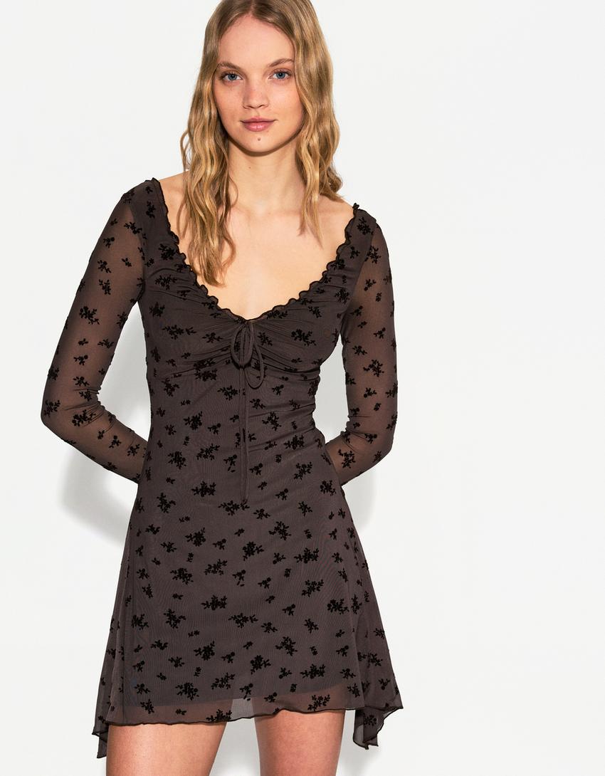 Mini-robe manches longues imprimé-Marron-2