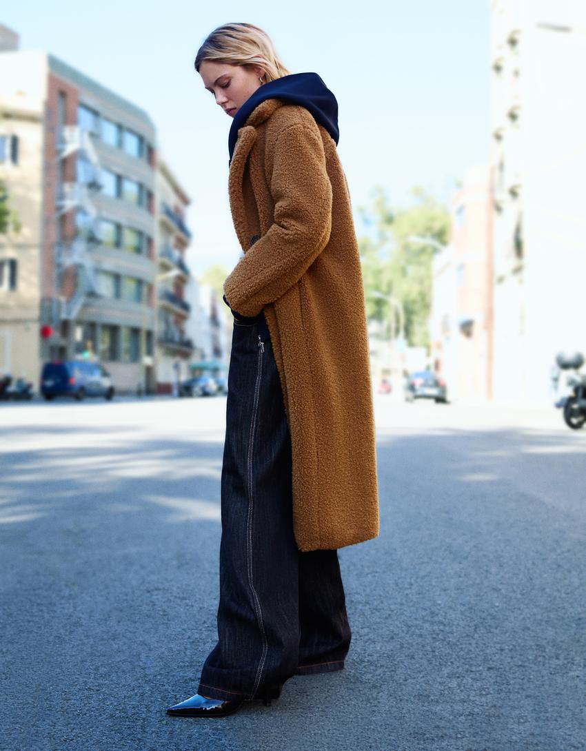 Long faux shearling coat-Camel