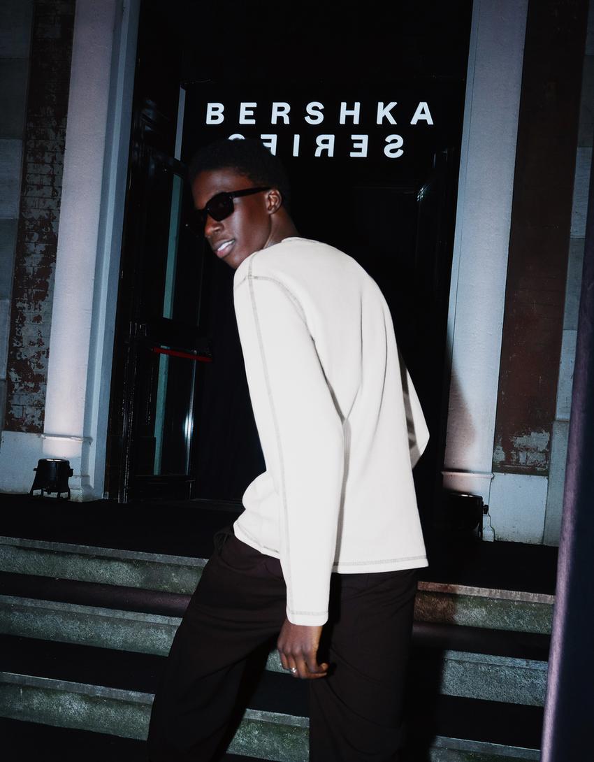 T-shirt manga comprida nervuras remendo-Branco