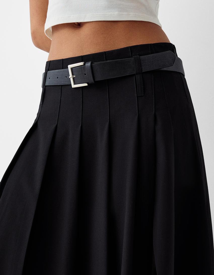 Tailored fit box pleat midi skirt with belt and split-Black-5