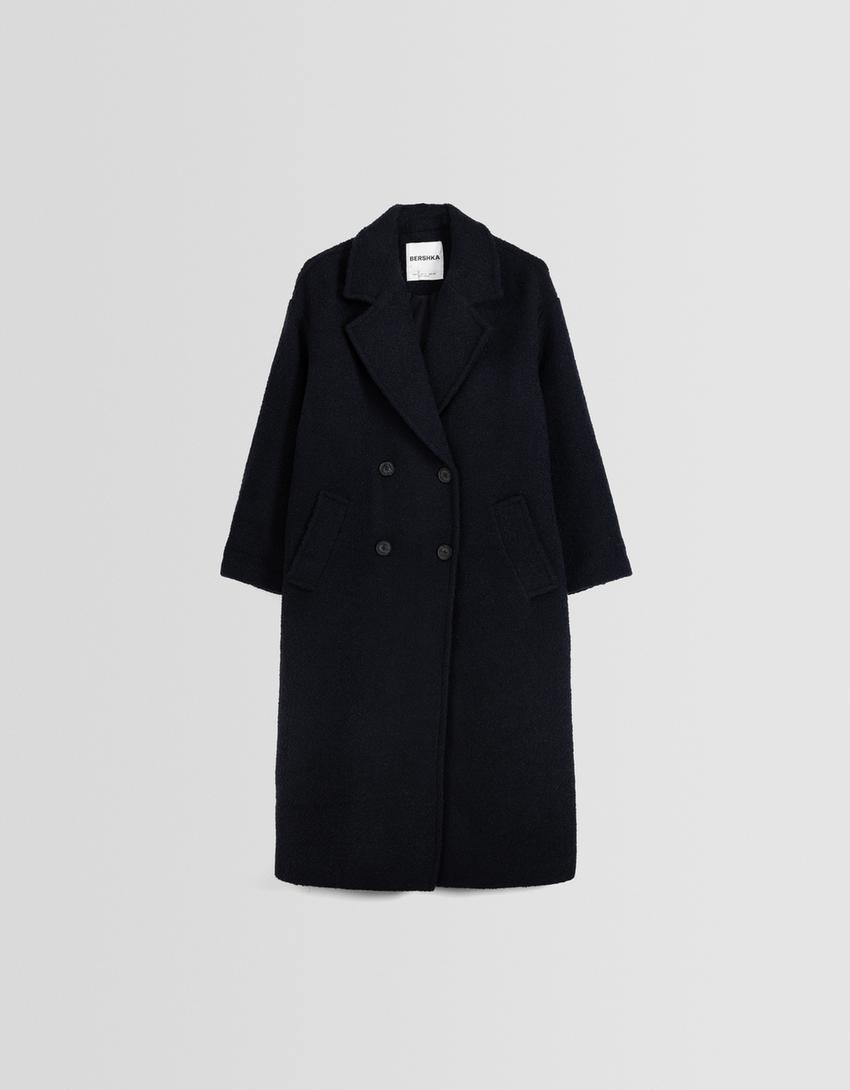 معطف طويل بوكليه بصف أزرار مزدوج-أزرق داكن-5