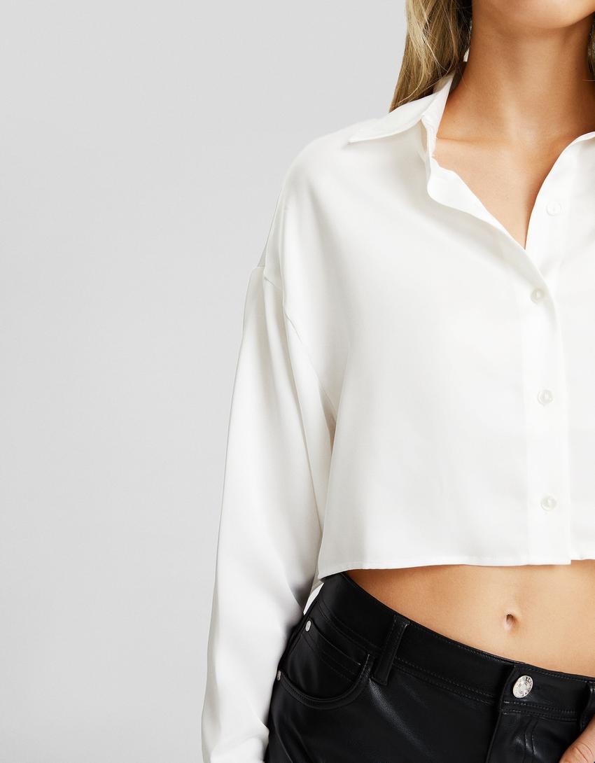 Satin long sleeve cropped shirt-Cream-2