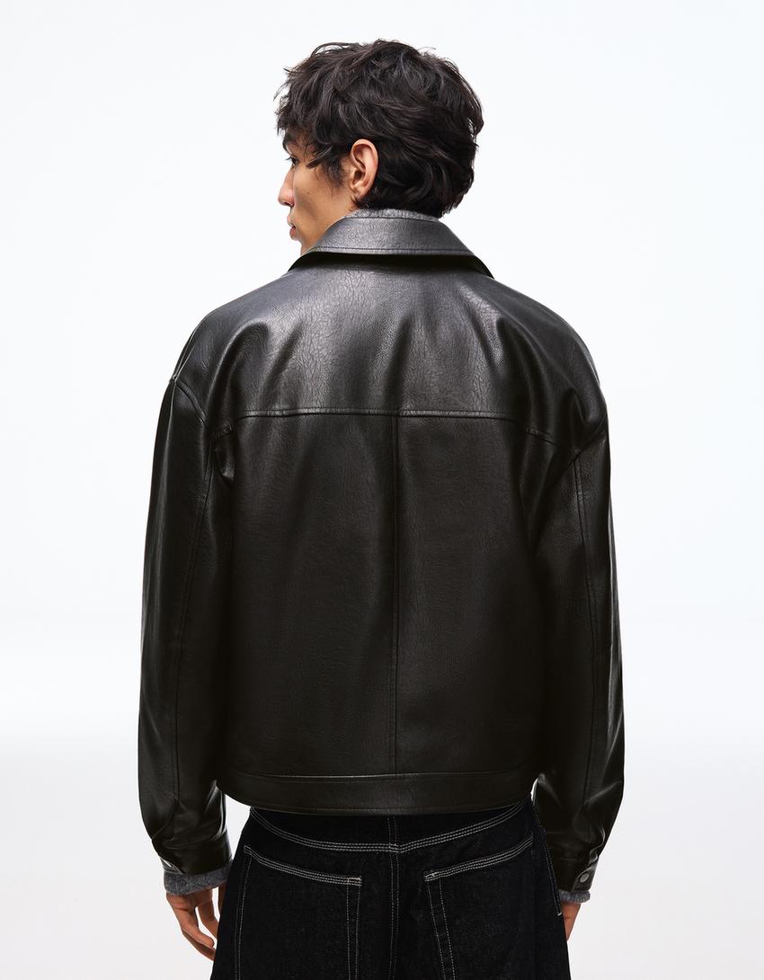 Boxy leather effect jacket-Black
