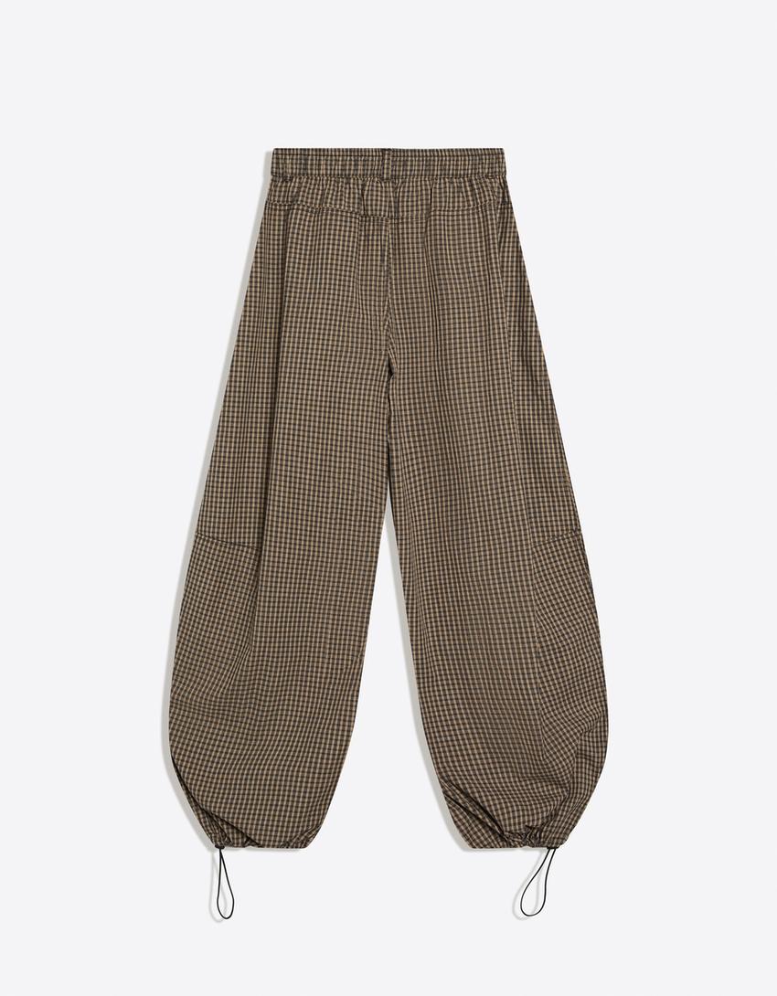 Checked parachute trousers-Camel