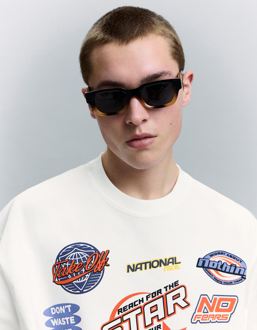 T-shirt manches courtes imprimé-Blanc cassé