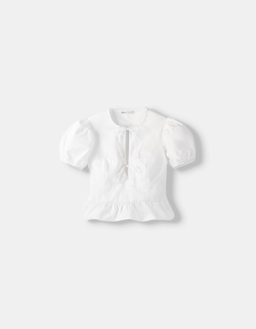 قميص بوبلين بأكمام قصيرة وربطة في الأمام-أبيض مطفي-4