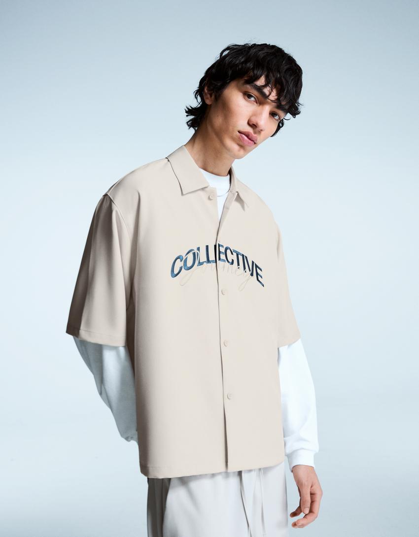 Tailored boxy fit shirt with embroidery-Cream