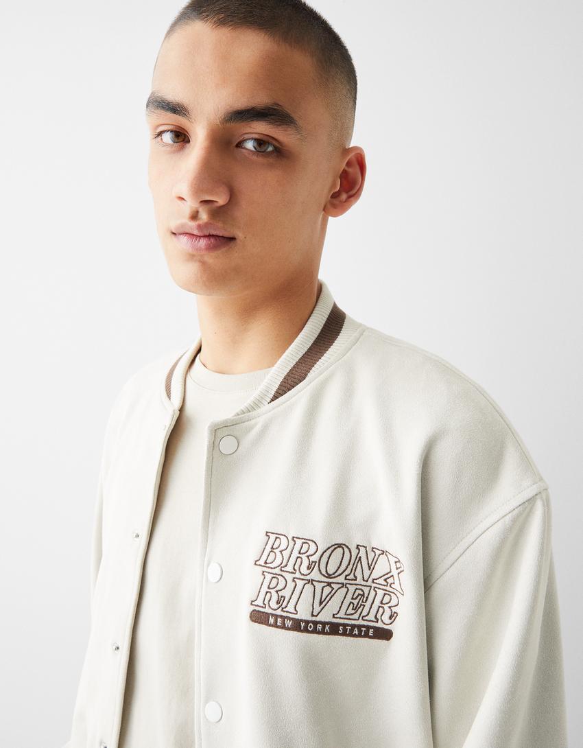 Faux suede embroidered bomber jacket-Stone