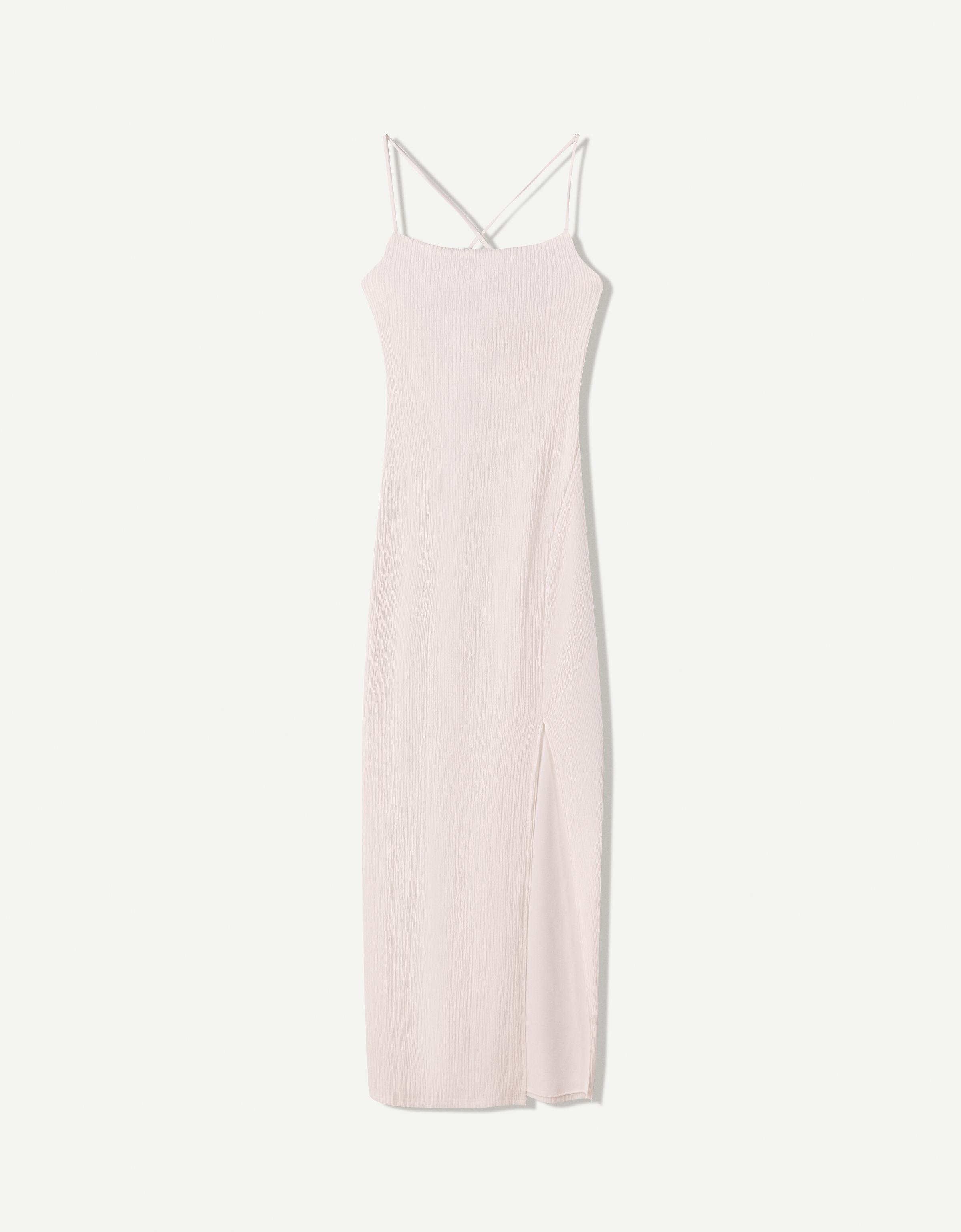 Bershka Rustikales Midikleid Mit Trägern Damen S Rohweiß
