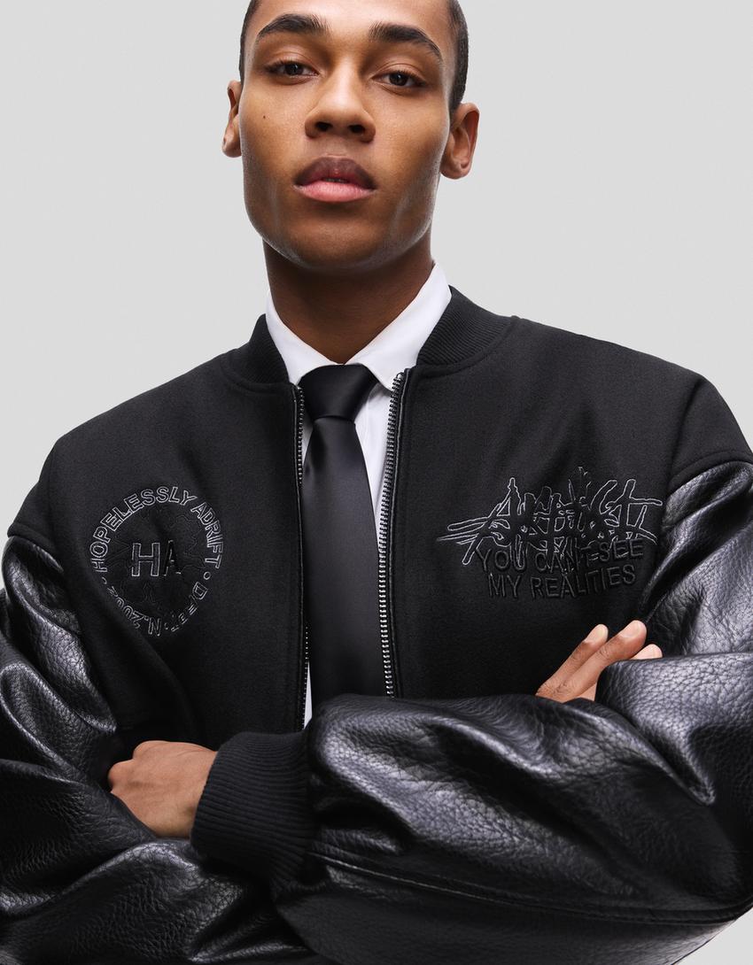 Cloth jacket with leather effect sleeves-Black